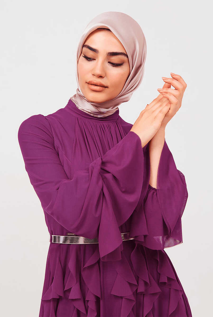 2121000 Tül detaylı kemerli abiye, Tesettür Giyim