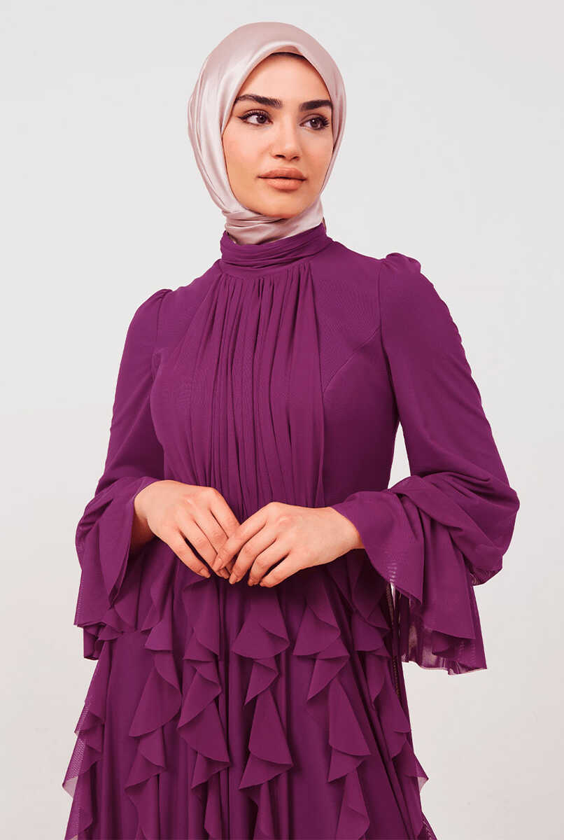 2121000 Tül detaylı kemerli abiye, Tesettür Giyim