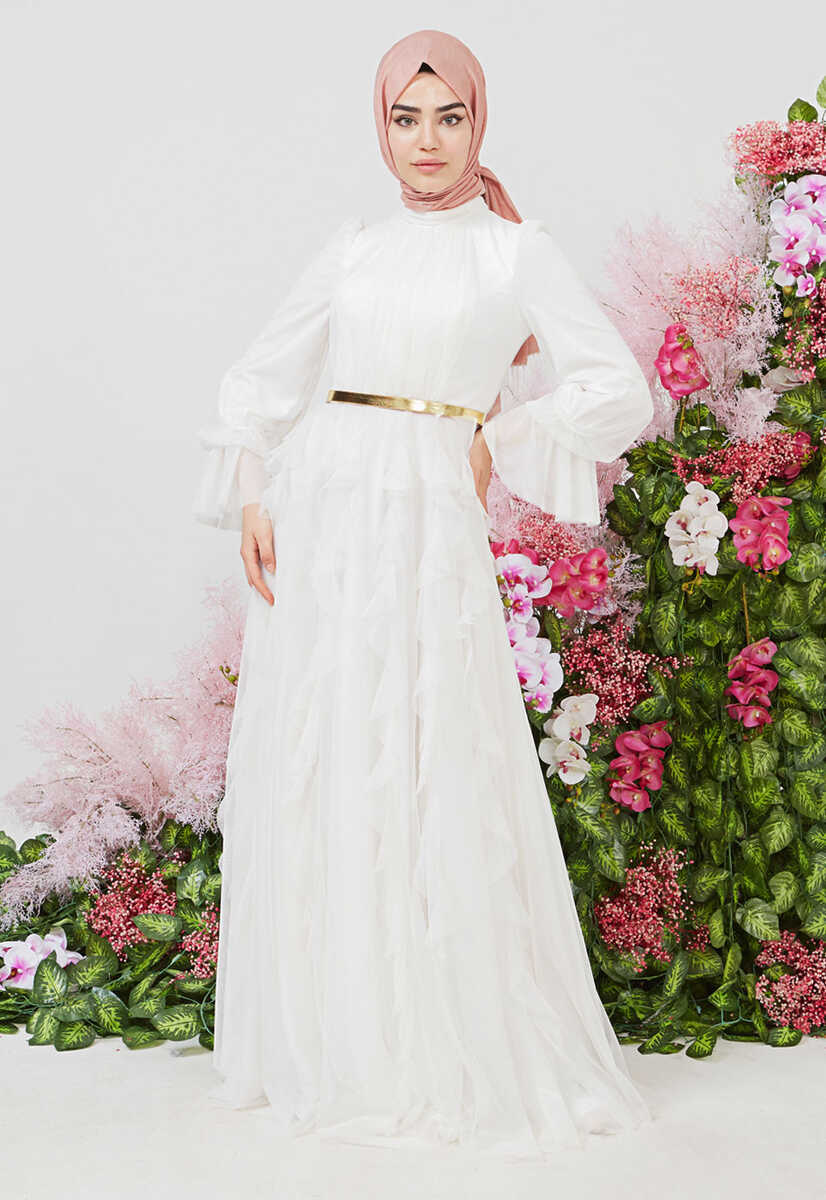 2121000 Tül detaylı kemerli abiye, Tesettür Giyim