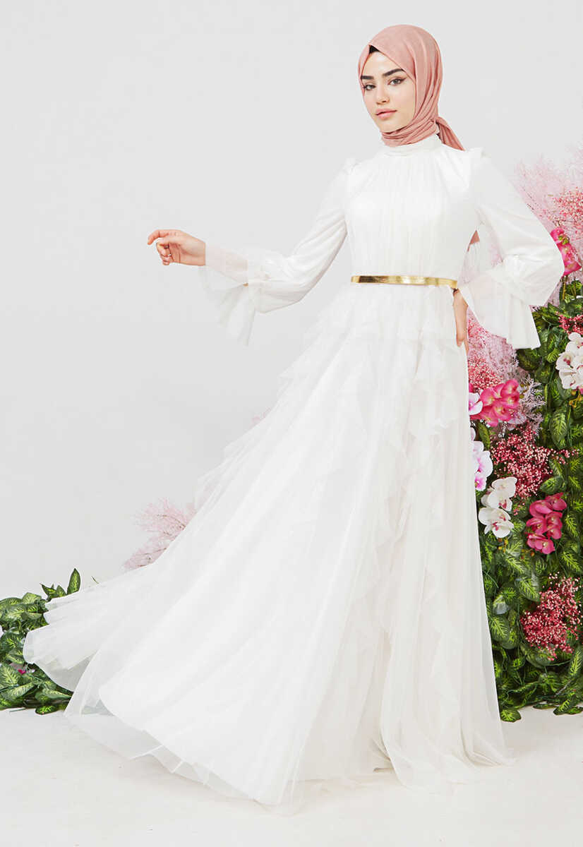 2121000 Tül detaylı kemerli abiye, Tesettür Giyim