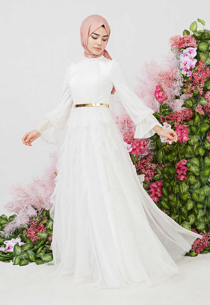 2121000 Tül detaylı kemerli abiye, Tesettür Giyim