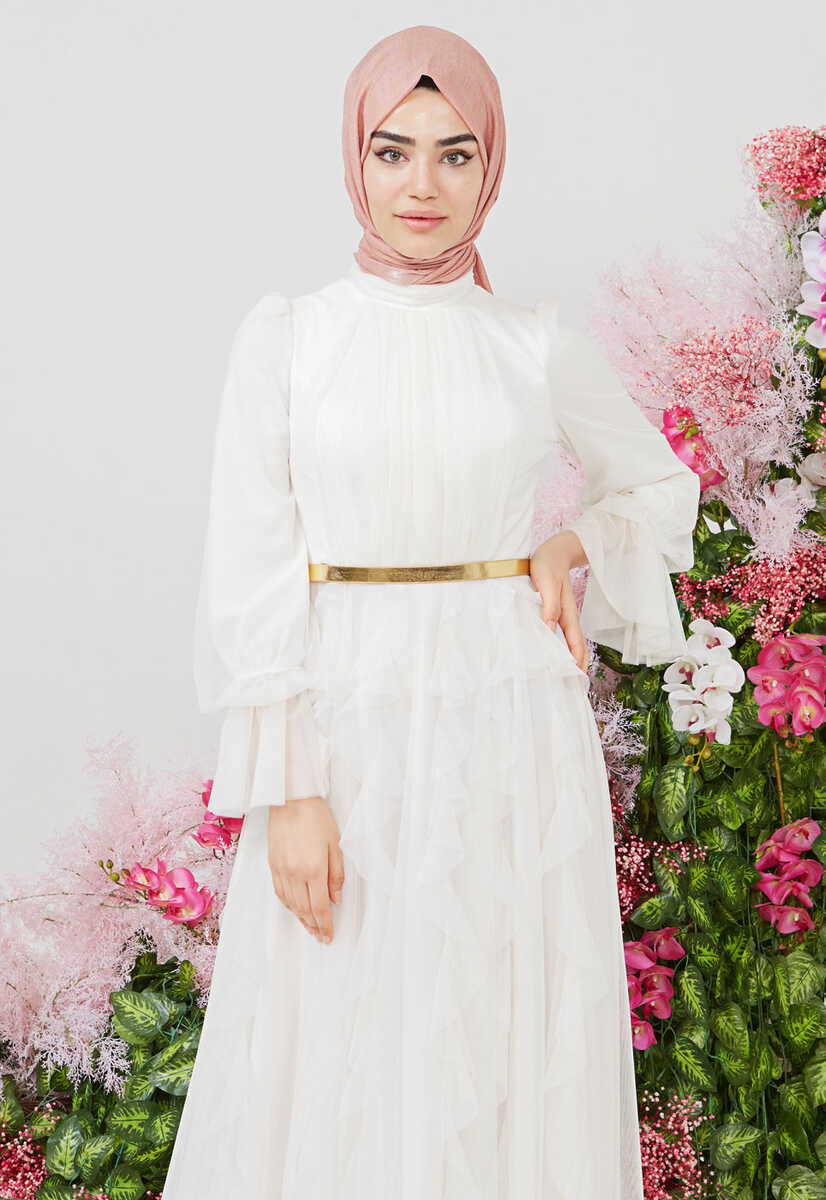 2121000 Tül detaylı kemerli abiye, Tesettür Giyim