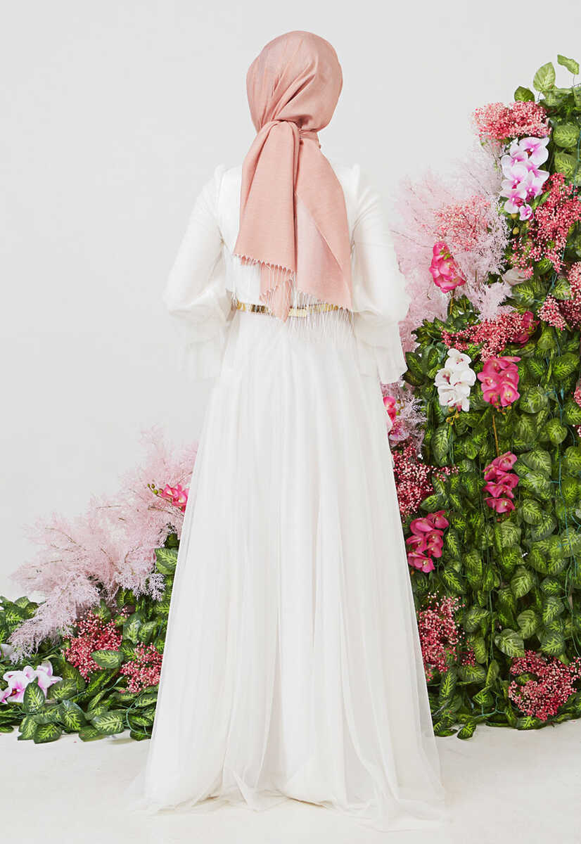 2121000 Tül detaylı kemerli abiye, Tesettür Giyim