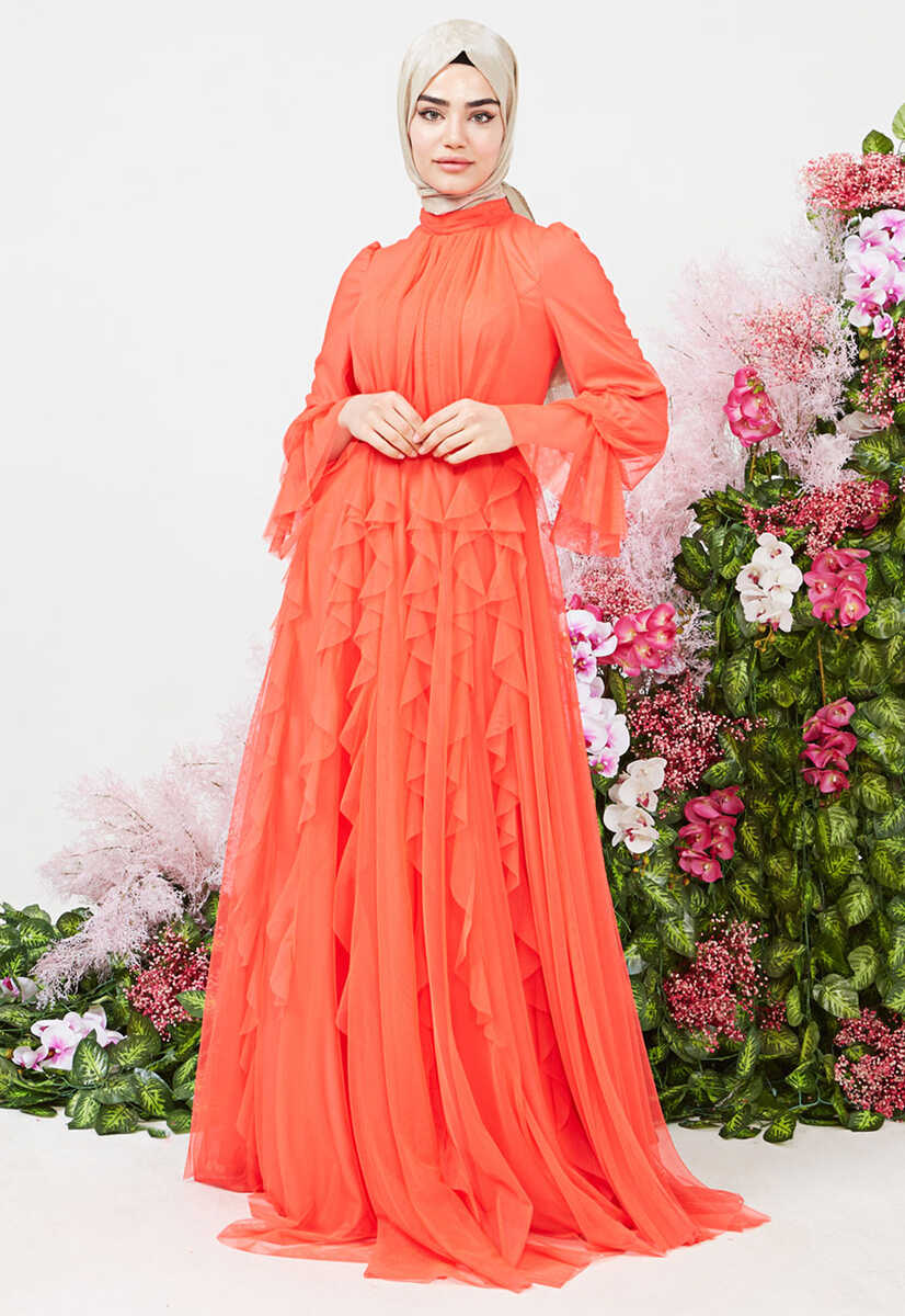 2121000 Tül detaylı kemerli abiye, Tesettür Giyim