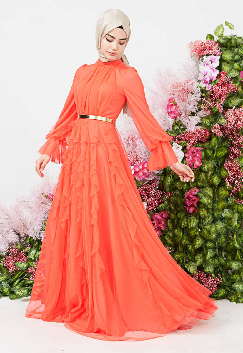 2121000 Tül detaylı kemerli abiye, Tesettür Giyim