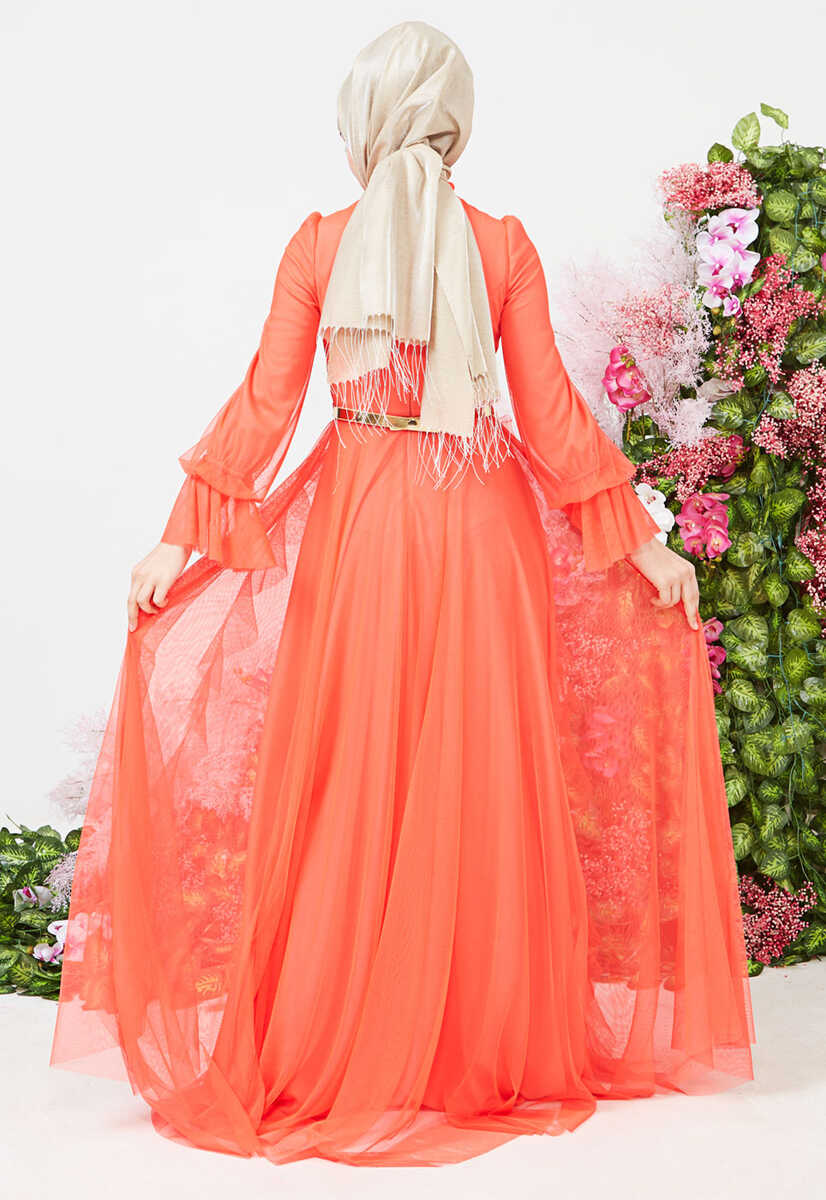 2121000 Tül detaylı kemerli abiye, Tesettür Giyim