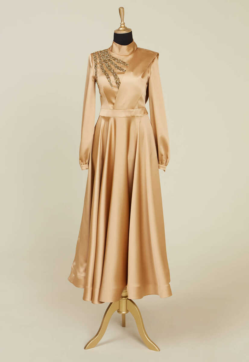 2121011 Taş Detaylı Bilek Boy Saten Abiye, Tesettür Giyim