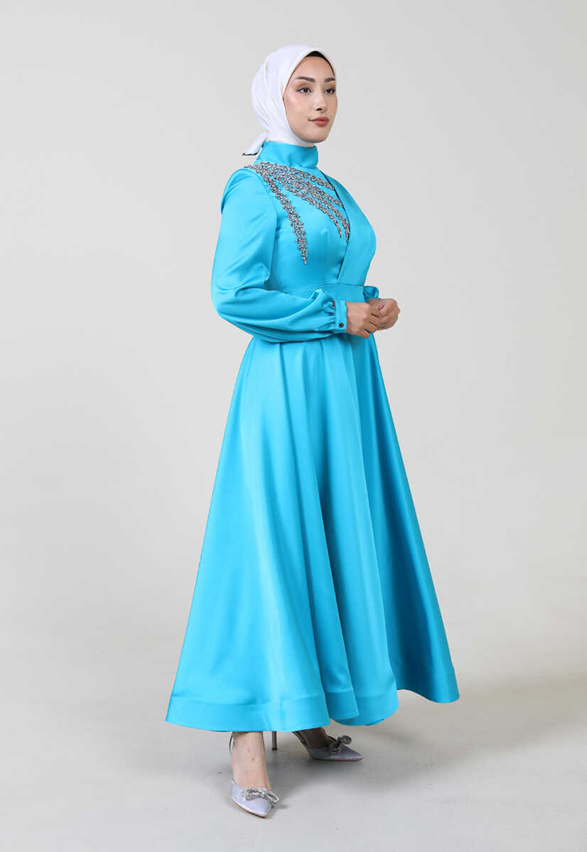 2121011 Taş Detaylı Bilek Boy Saten Abiye, Tesettür Giyim