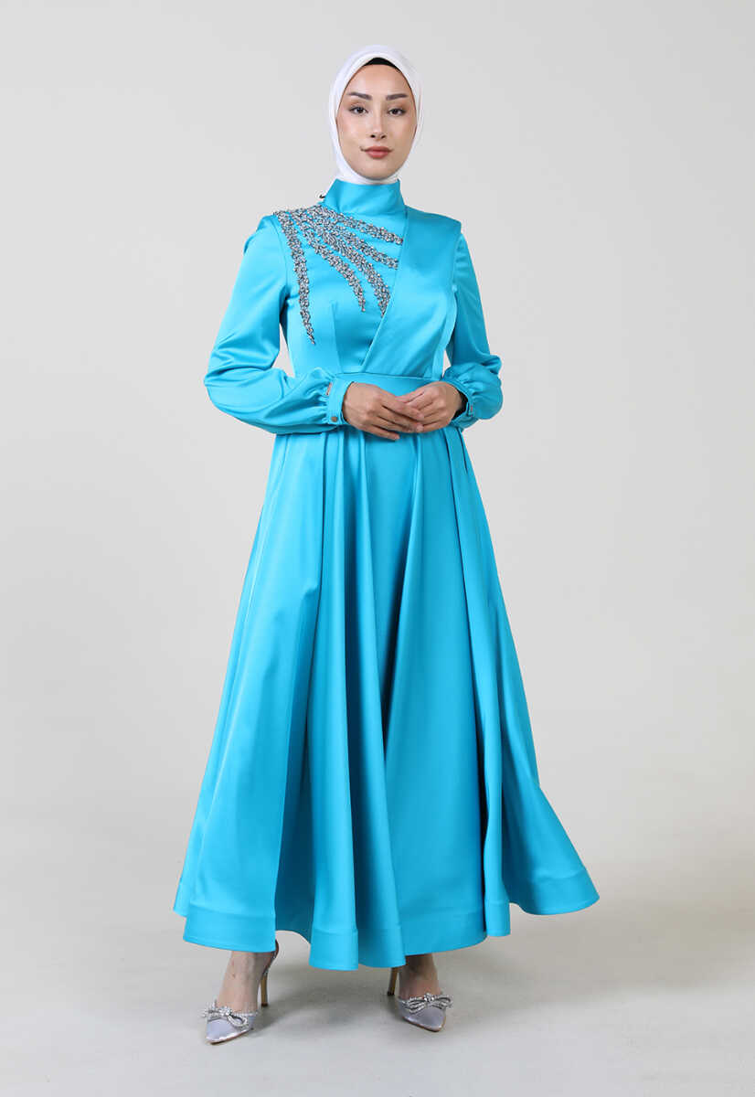 2121011 Taş Detaylı Bilek Boy Saten Abiye, Tesettür Giyim