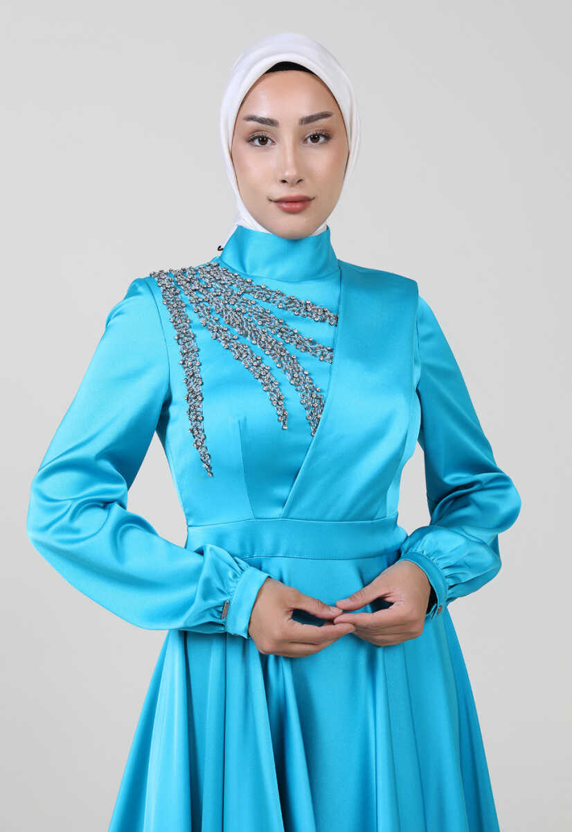 2121011 Taş Detaylı Bilek Boy Saten Abiye, Tesettür Giyim