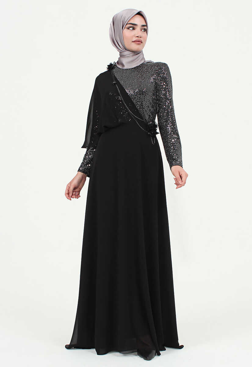2385 Pul Payet Tül Garnili Abiye Elbise, Tesettür Giyim
