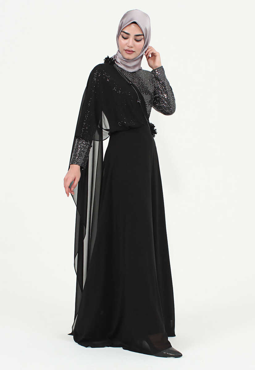 2385 Pul Payet Tül Garnili Abiye Elbise, Tesettür Giyim