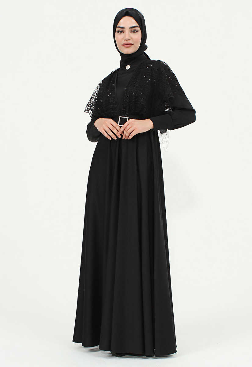 175039 Tül İşlemeli Kemerli Abiye, Tesettür Giyim