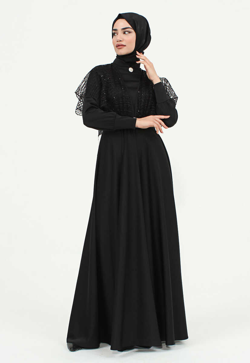 175039 Tül İşlemeli Kemerli Abiye, Tesettür Giyim