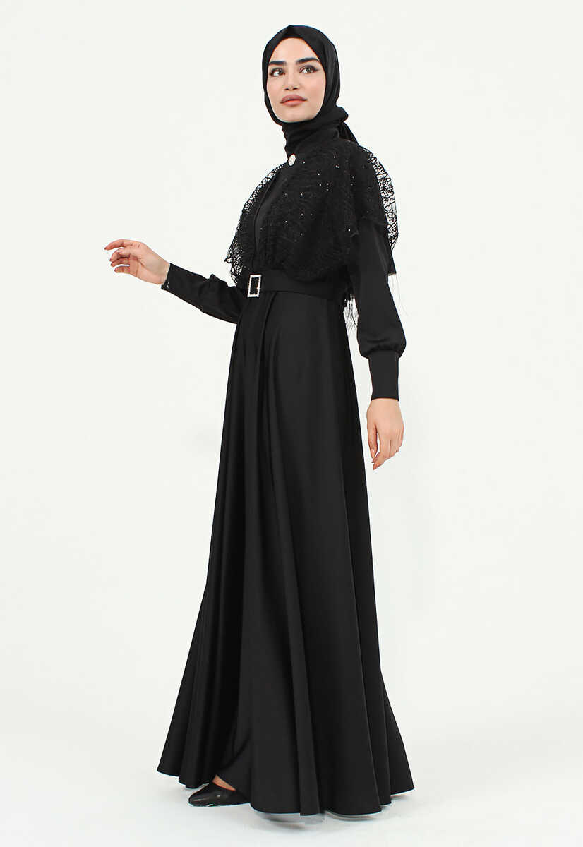 175039 Tül İşlemeli Kemerli Abiye, Tesettür Giyim