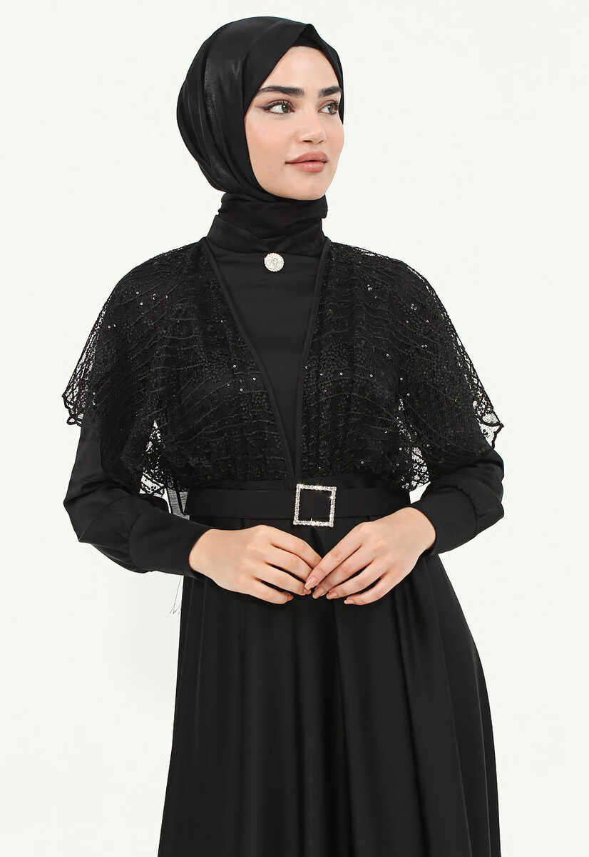175039 Tül İşlemeli Kemerli Abiye, Tesettür Giyim