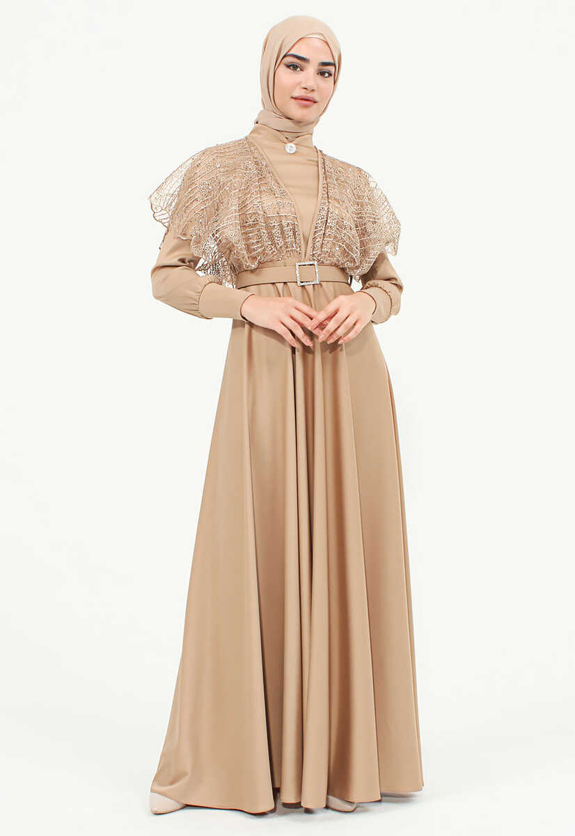 175039 Tül İşlemeli Kemerli Abiye, Tesettür Giyim