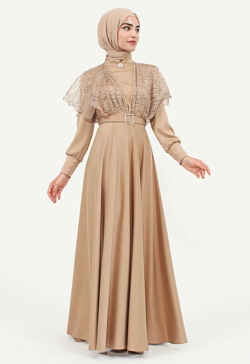 175039 Tül İşlemeli Kemerli Abiye, Tesettür Giyim