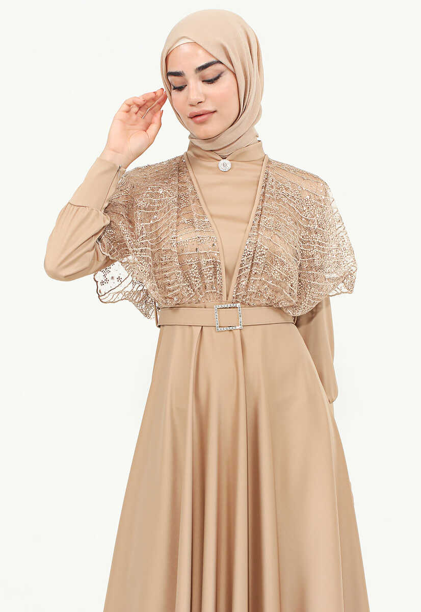 175039 Tül İşlemeli Kemerli Abiye, Tesettür Giyim