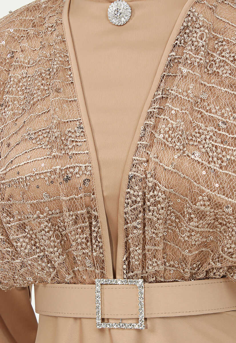 175039 Tül İşlemeli Kemerli Abiye, Tesettür Giyim