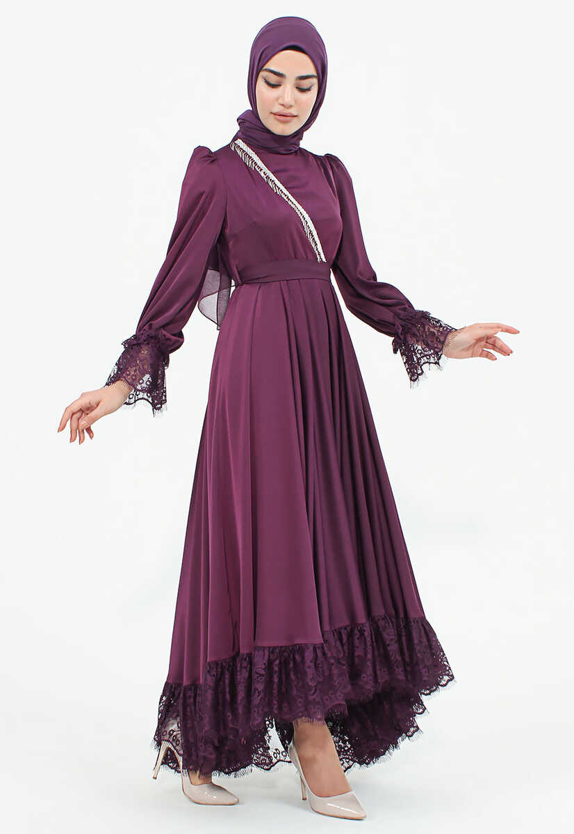 170039 Dantel Güpür Detaylı Abiye Elbise, Tesettür Giyim
