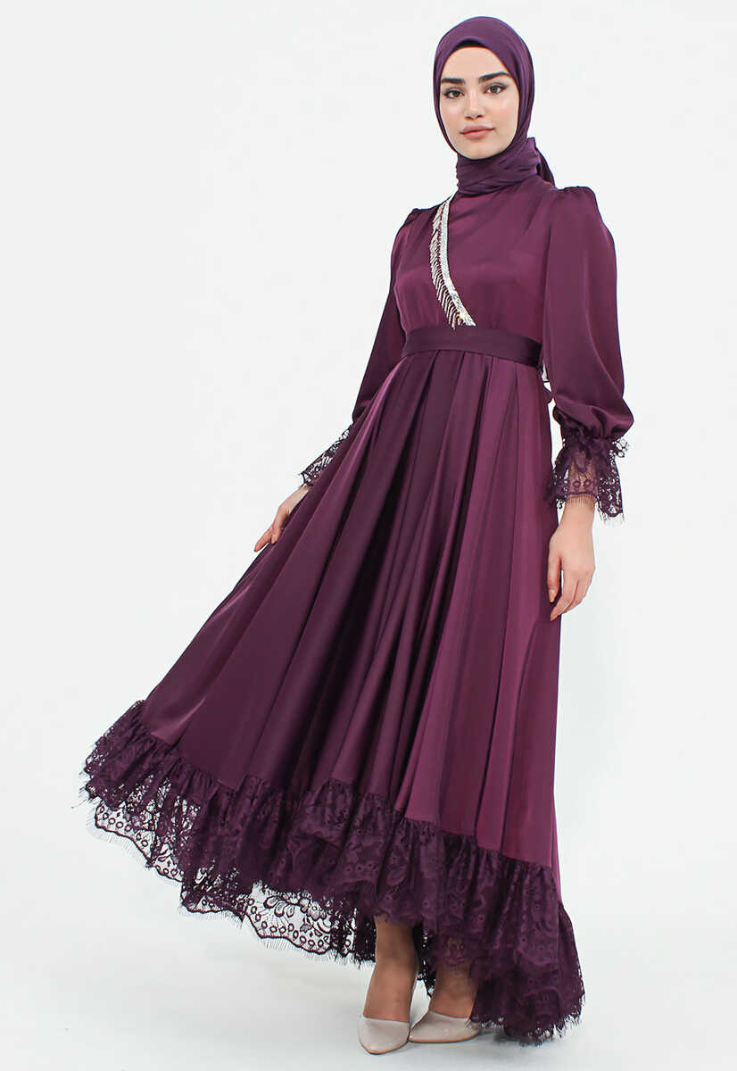 170039 Dantel Güpür Detaylı Abiye Elbise, Tesettür Giyim