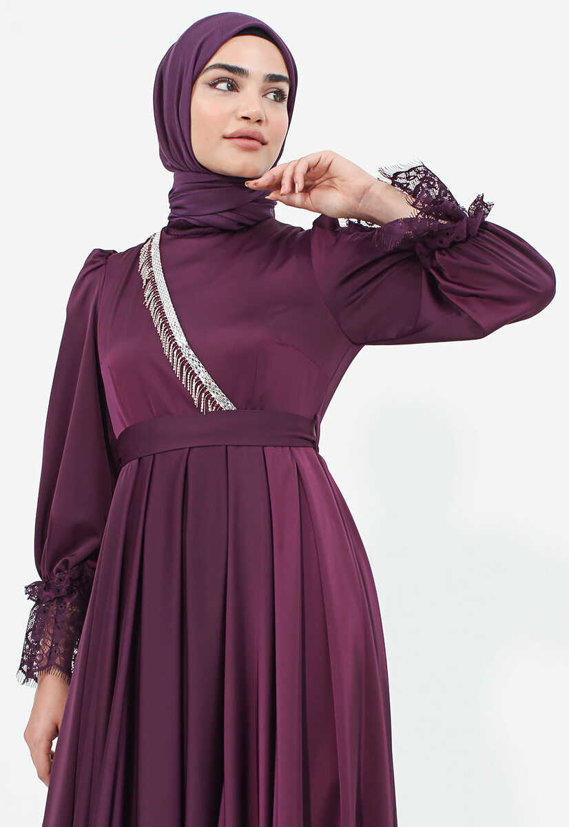 170039 Dantel Güpür Detaylı Abiye Elbise, Tesettür Giyim