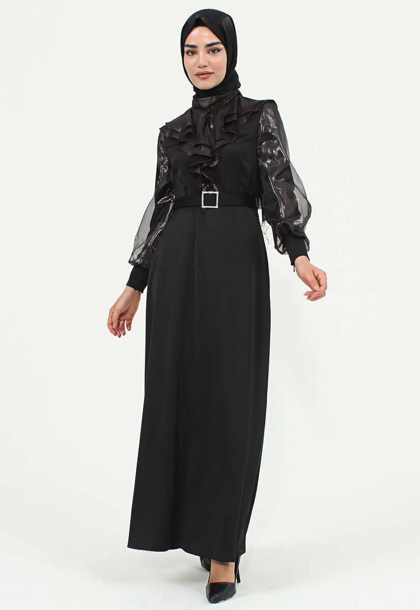 144239 Ön Fırfır Detaylı Kemerli Abiye, Tesettür Giyim