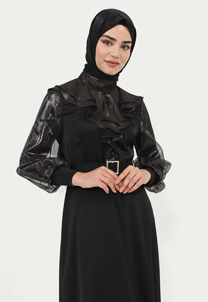 144239 Ön Fırfır Detaylı Kemerli Abiye, Tesettür Giyim