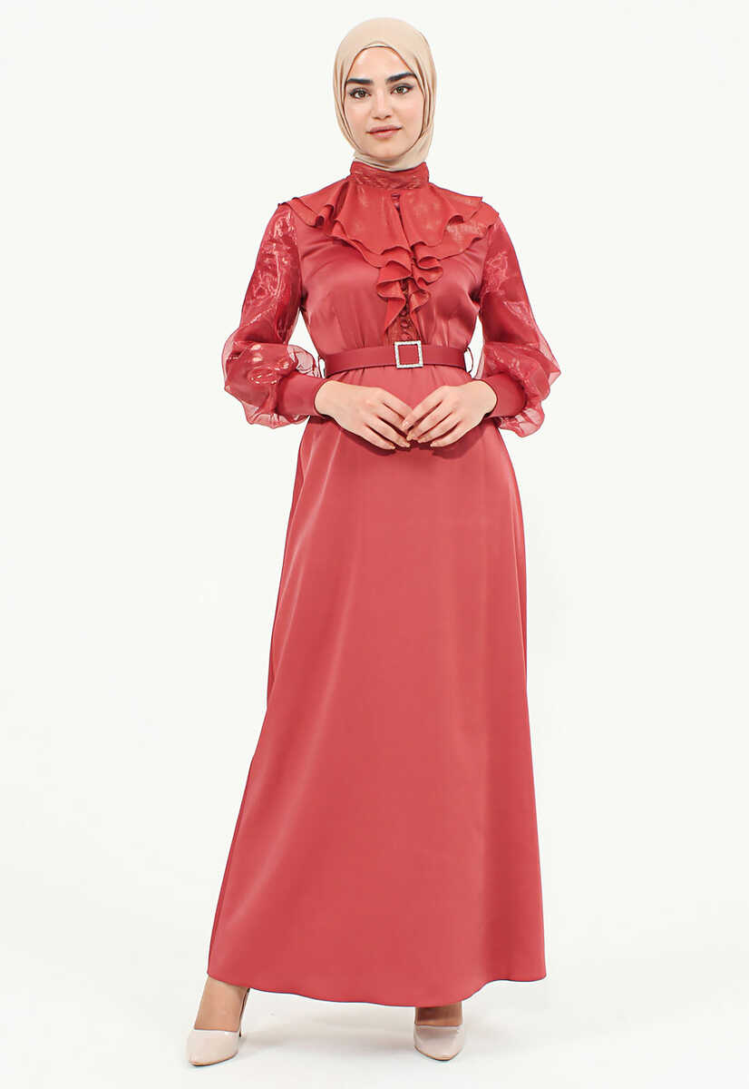 144239 Ön Fırfır Detaylı Kemerli Abiye, Tesettür Giyim