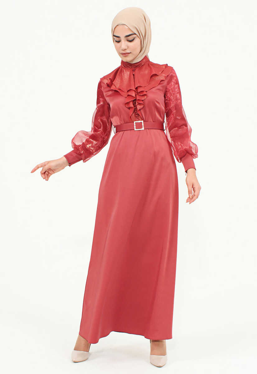 144239 Ön Fırfır Detaylı Kemerli Abiye, Tesettür Giyim