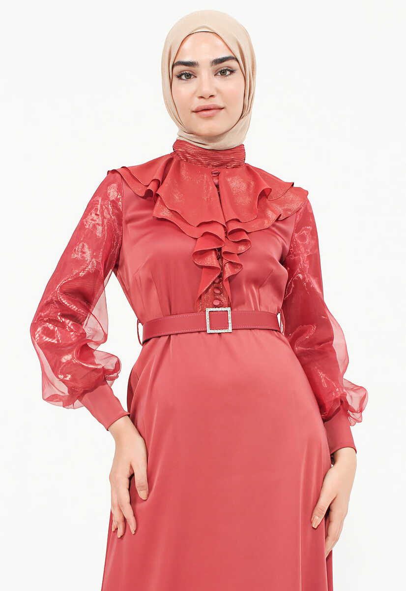 144239 Ön Fırfır Detaylı Kemerli Abiye, Tesettür Giyim