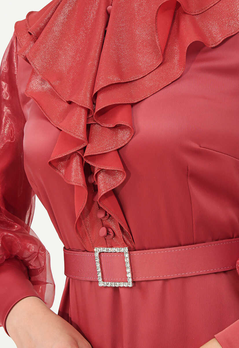 144239 Ön Fırfır Detaylı Kemerli Abiye, Tesettür Giyim