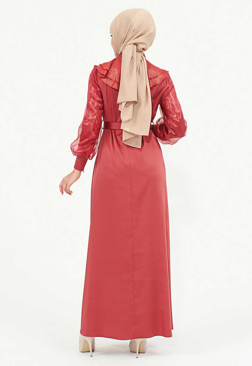 144239 Ön Fırfır Detaylı Kemerli Abiye, Tesettür Giyim