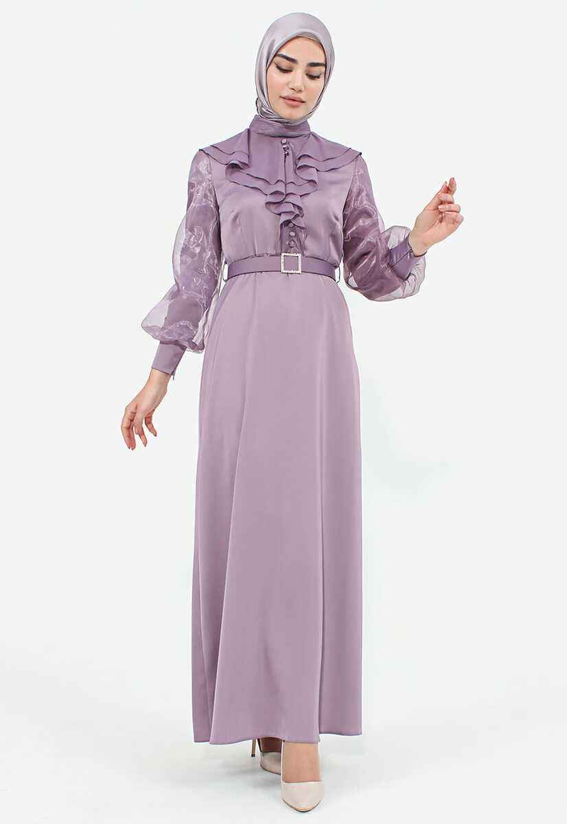 144239 Ön Fırfır Detaylı Kemerli Abiye, Tesettür Giyim