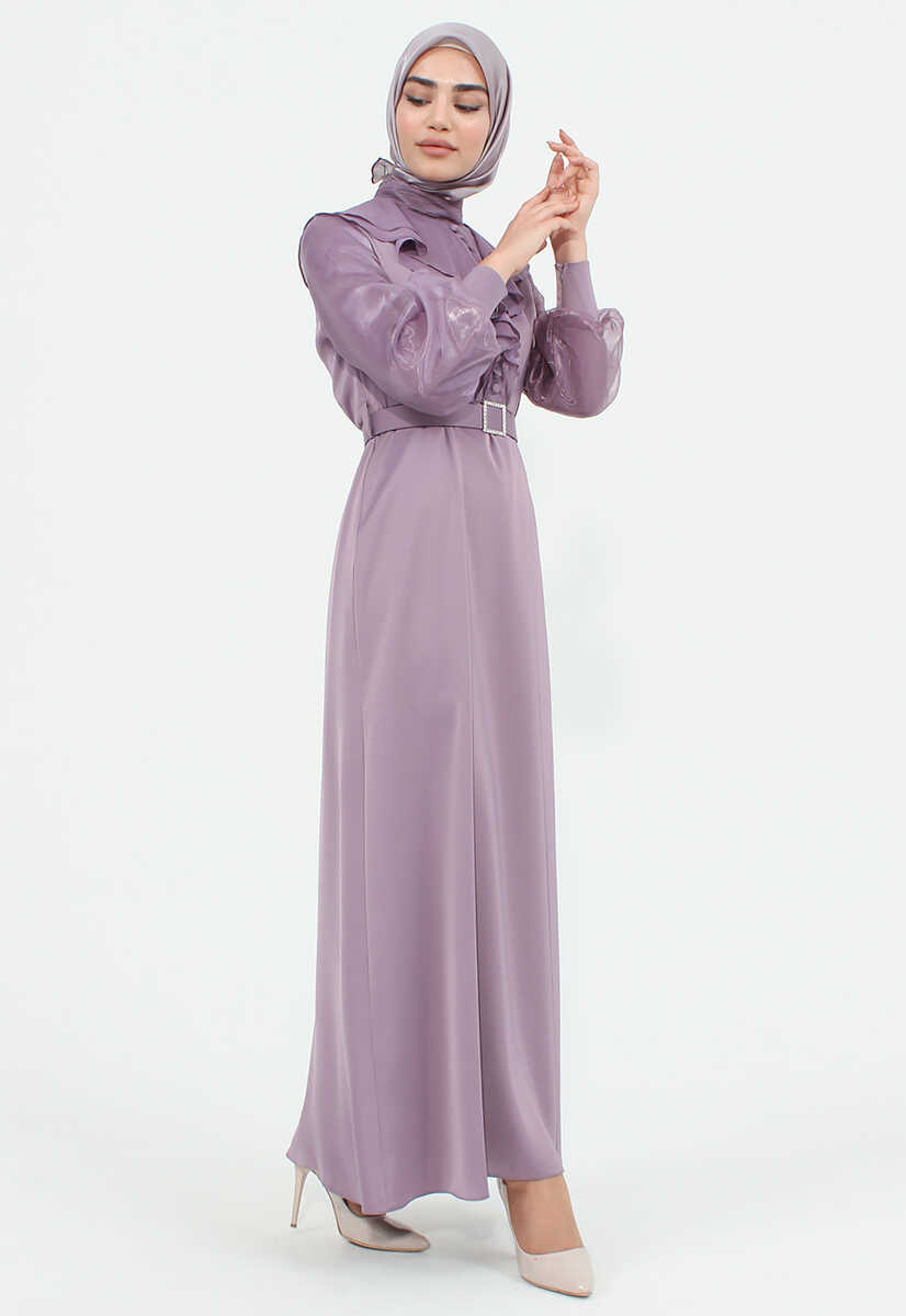 144239 Ön Fırfır Detaylı Kemerli Abiye, Tesettür Giyim