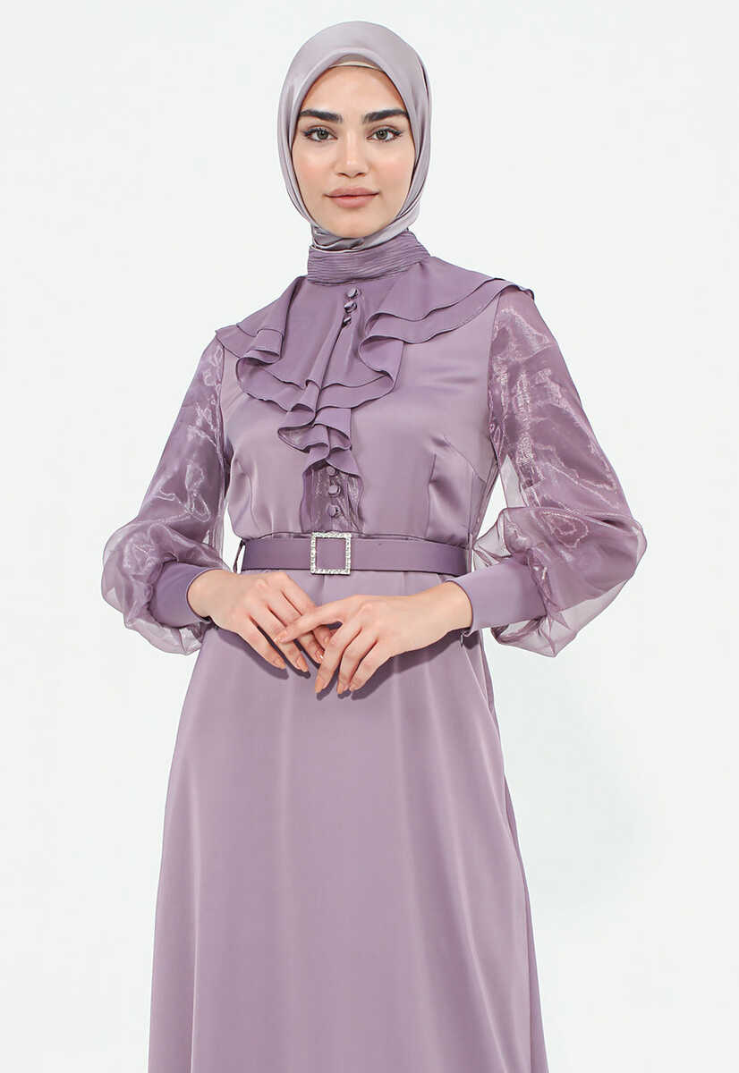 144239 Ön Fırfır Detaylı Kemerli Abiye, Tesettür Giyim