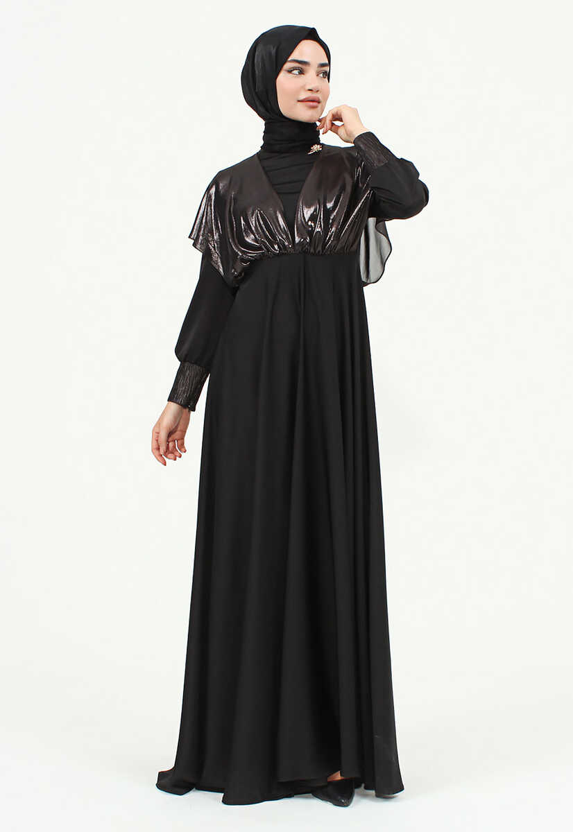 146239 parlak kumaş detaylı büzgülü elbise, Tesettür Giyim