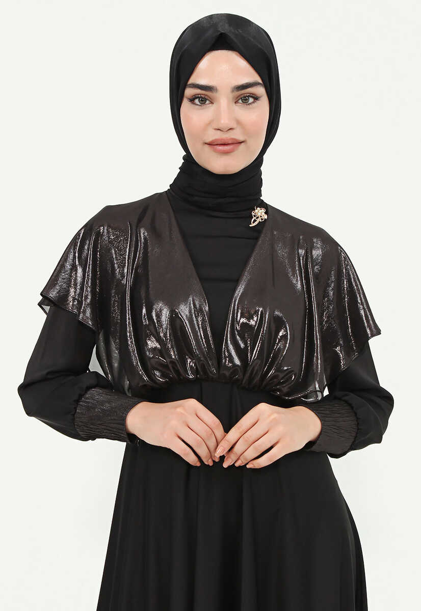 146239 parlak kumaş detaylı büzgülü elbise, Tesettür Giyim