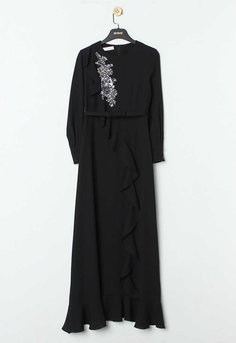 107439 Volanlı Taş İşleme Detaylı Abiye, Tesettür Giyim