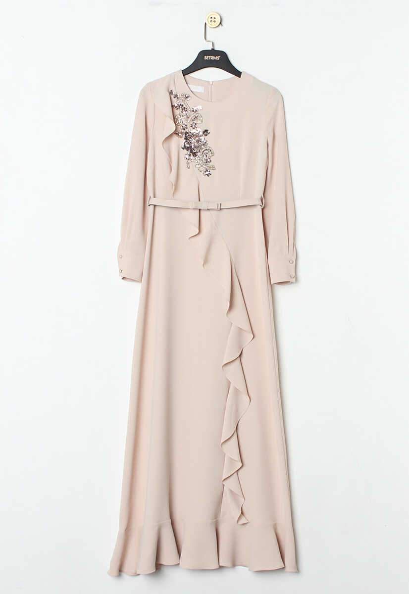 107439 Volanlı Taş İşleme Detaylı Abiye, Tesettür Giyim