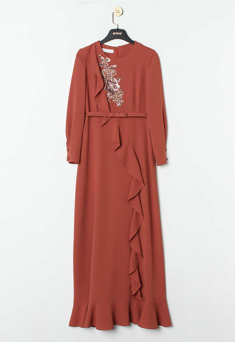 107439 Volanlı Taş İşleme Detaylı Abiye, Tesettür Giyim