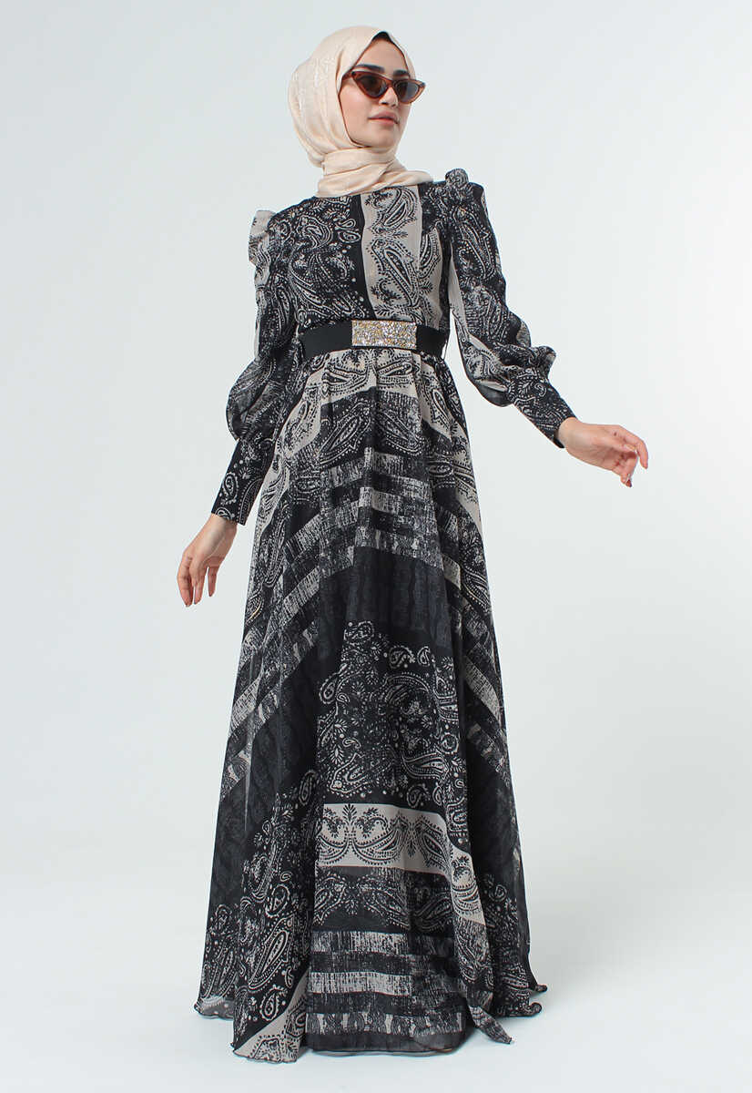 2125058 Etnik Desenli Kemerli Elbise, Tesettür Giyim