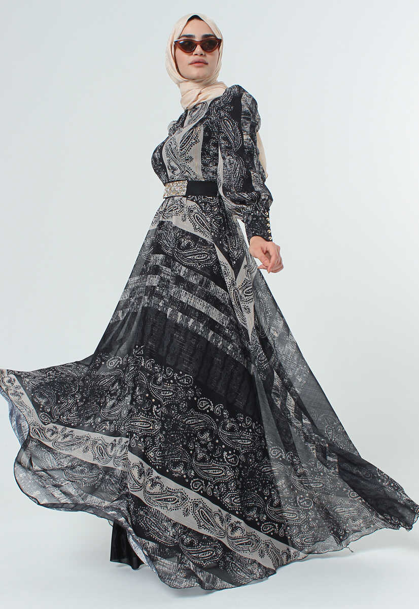 2125058 Etnik Desenli Kemerli Elbise, Tesettür Giyim