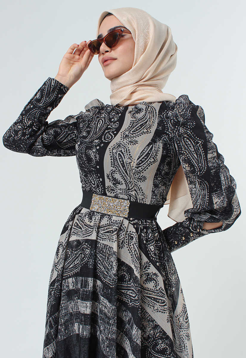 2125058 Etnik Desenli Kemerli Elbise, Tesettür Giyim