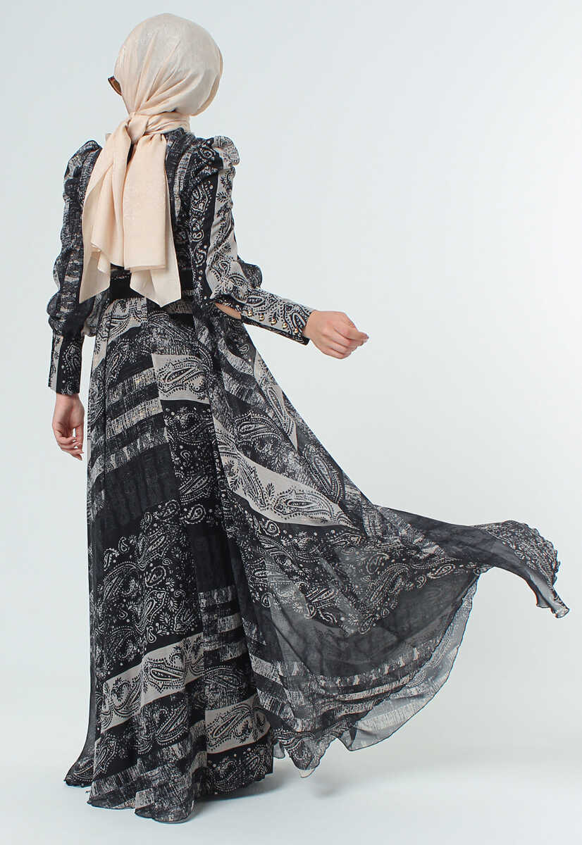 2125058 Etnik Desenli Kemerli Elbise, Tesettür Giyim