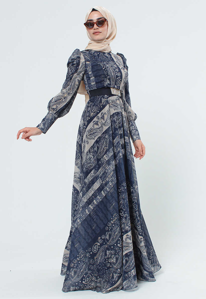 2125058 Etnik Desenli Kemerli Elbise, Tesettür Giyim