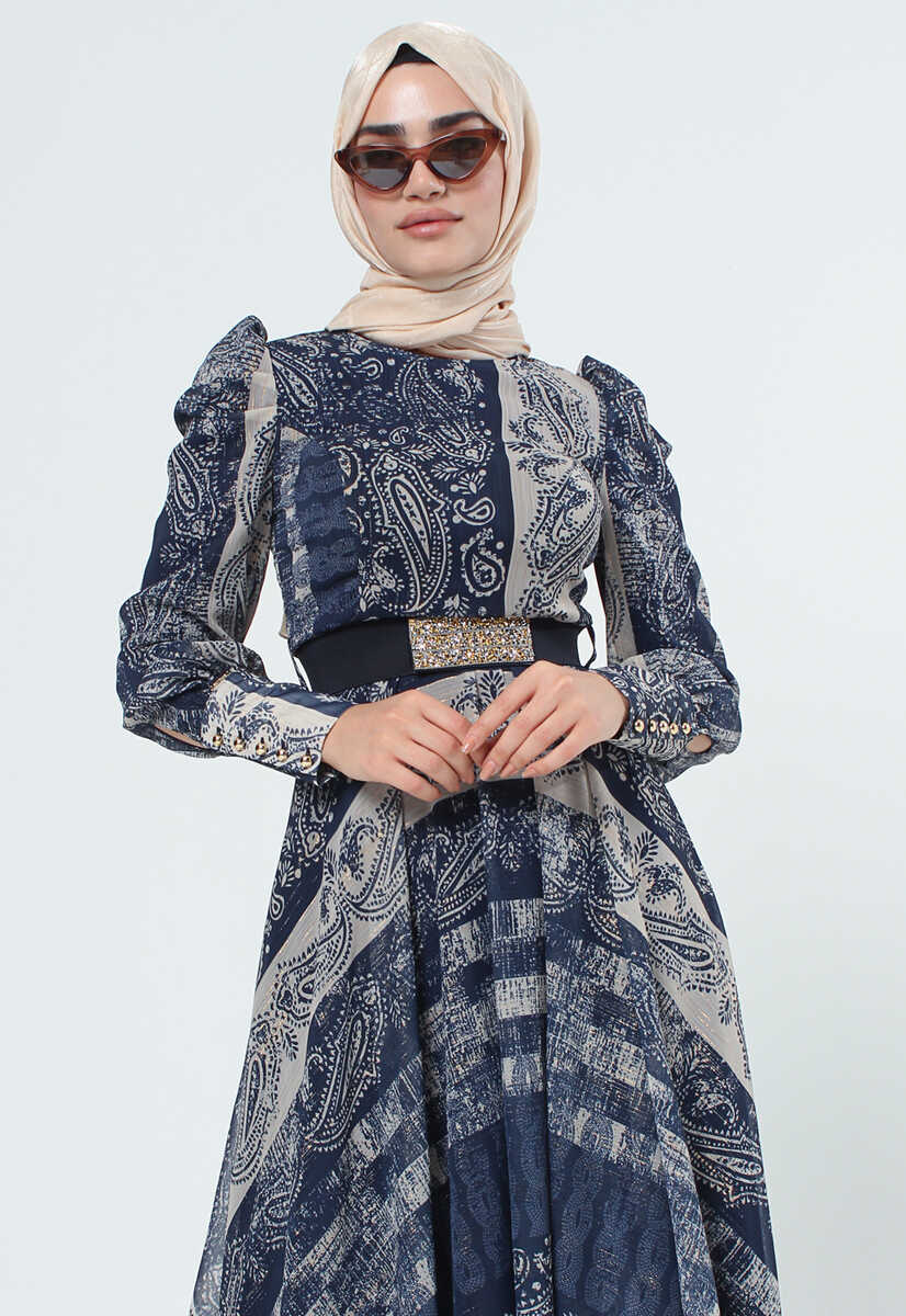 2125058 Etnik Desenli Kemerli Elbise, Tesettür Giyim