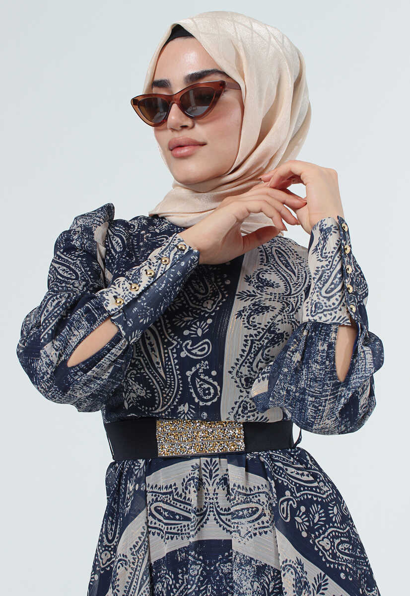 2125058 Etnik Desenli Kemerli Elbise, Tesettür Giyim