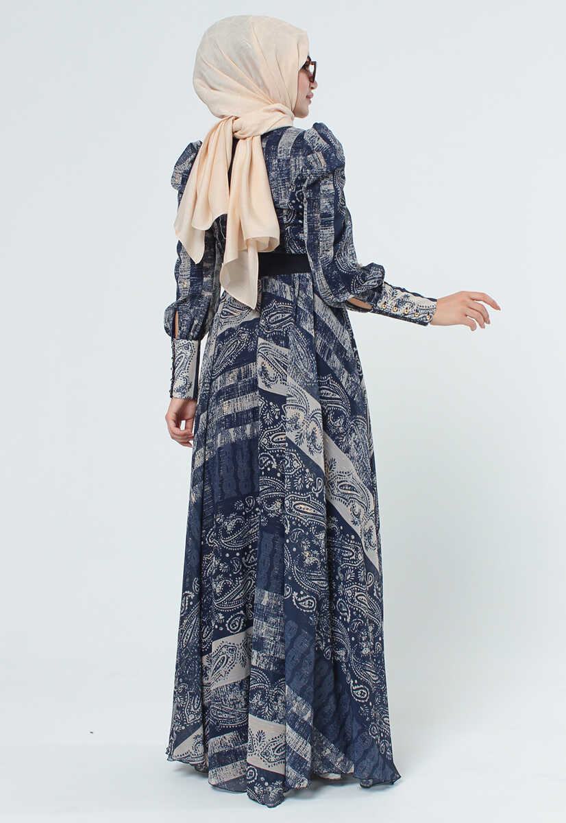 2125058 Etnik Desenli Kemerli Elbise, Tesettür Giyim